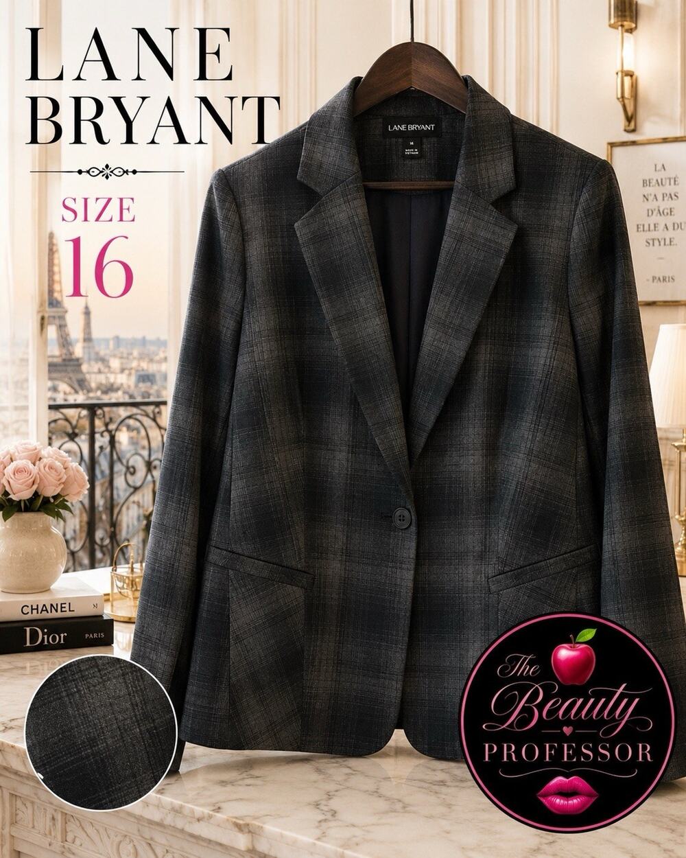💞 Lane Bryant Size 16 Charcoal Plaid Blazer Tailored One Button Career Jacket